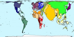 World map showing the size of nations according to population size.