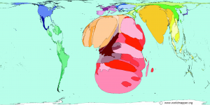 World map showing the size of nations according to the prevalence of HIV/AIDS.