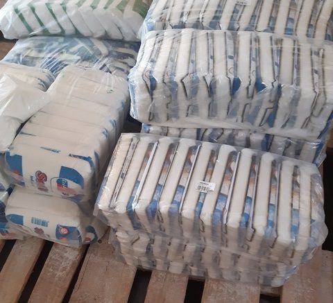 Photo of bags of salt for food hampers that contain basic items and are destributed by St. Albert's to the hungry and destitue.