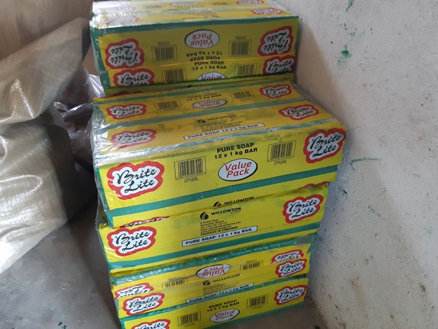Photo of boxes of soap purchased by St. Albert's Mission Hospital with donations from BHA for food hampers that contain basic items. The hampers are distributed to the hungry elderly, orphans and other destitute poor.
