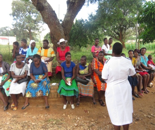 Photograph of the St Albert's VIAC outreach team talking about cervical cancer prevention to an audience of women, men and children at the David Nelson Clinic.
